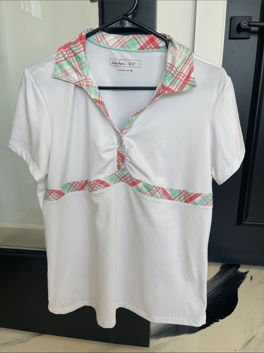 Lady Hagen White Polo with Pink and Mint Plaid Trim